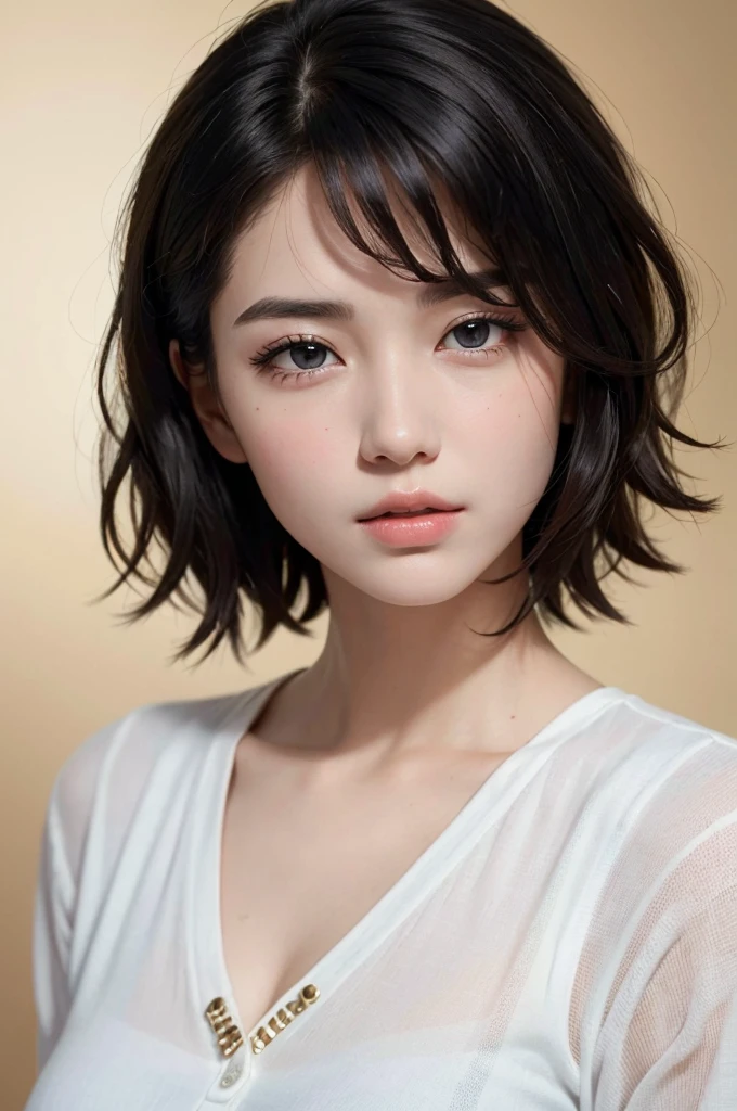 Highest quality、masterpiece、超High resolution、(Realistic:1.3)、RAW Photos、(One girl), Beautiful Face, (Realistic Face), (Black Hair、short hair:1.3), Beautiful Hairstyles, Realistic eyes, Beautiful fine details, (Realistic Skin), Beautiful Skin, (shirt), Confused, charm, 超High resolution, Ultra-realistic, High resolution, Golden Ratio、Mr.々Background