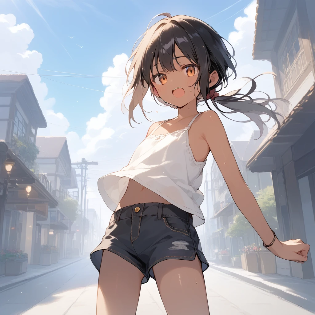 score_9, score_8_up, score_7_up, source_anime, best quality, masterpiece, official art, absurdres, highres, ultra-detailed,waifu2x,Collection: Slice of Life,break,1girl, tomboy, dark-skinned female, short hair, low ponytail, flat chest, beautiful detailed eyes, short shorts, sweat, open mouth, (yawn:0.3), sleepily, outdoors, wind, break,dewy skin, perspiration on the skin,skin texture, fine lines, pores, natural imperfections,light reflections, glossy skin, shiny skin,break,(clear line illustration:1.2),very high resolution, very aesthetic, Best sexual lighting powered by famous artist, 8k,cute picture,beauty illustration,photoshop_(medium),,(Detailed Lighting),best anime 8k konachan wallpaper, pixiv contest winner,