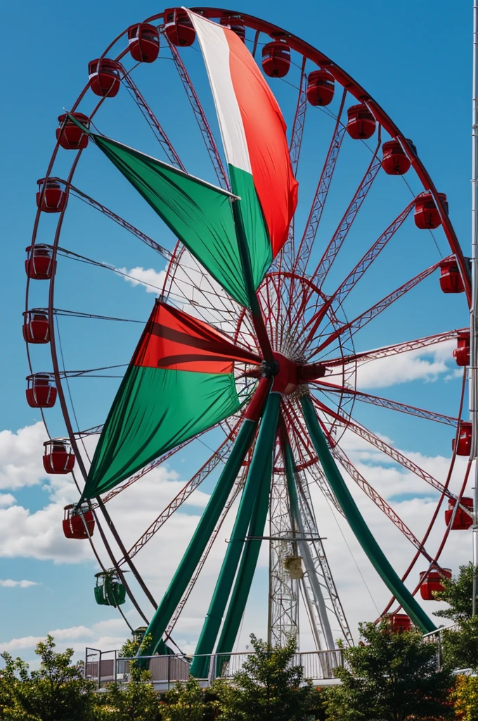 Create an image with a Ferris wheel and in the background a flag with a vertical red and green stripe 