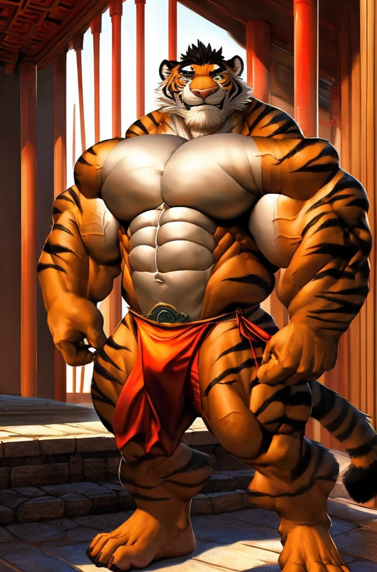 Mouse, Chinese zodiac. Male. Tiger. Furry, mouse antro), standing, alone, nj5furry, (Tiger, huge, huge, young face, ager, bodybuilder body), Tiger, ((extremely realistic shadows, masterpiece, extremely detailed, photorealistic)), kemono, young, teen , ((16 years back, solid back, round buttocks, firm and well-formed buttocks, back, broad shoulders, standing on the back, firm buttocks, round buttocks, well-formed buttocks, solid and very muscular back, mouse, tail , ((detailed face)) nose, red eyes, ((detailed eyes)), smile, mischievous smile, mischievous expression, white teeth, mouth slightly open, red tongue, skin, fur, hair, sexy, height 3 meters high , optimal height, body full of muscles, bulging pectorals, bulging abs, Shaolin monk, Shaolin clothes, Buddha temple, huge and defined abs, V-shaped body, thick waist, long legs, strong arms, manly, attractive face, type of attractive, fresh and calm face with a cold smile. , bodybuilder body, topless, huge muscular thighs, bulging biceps, looking at viewer. Unique light source, Sharp shadows, Unique portrait.,nude, penis, erect penis,