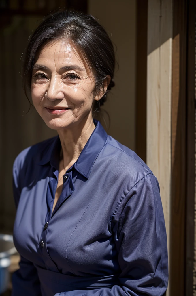 (masterpiece:1.4),(67-year-old woman:1.5),(facial wrinkles 1.2), (hair tied up : 1), A kind smile,maternal, Mature Woman, (dirty work clothes : 1.2), (dirty collared uniform : 1.3), acnes, skin blemishes, fleckles, factory