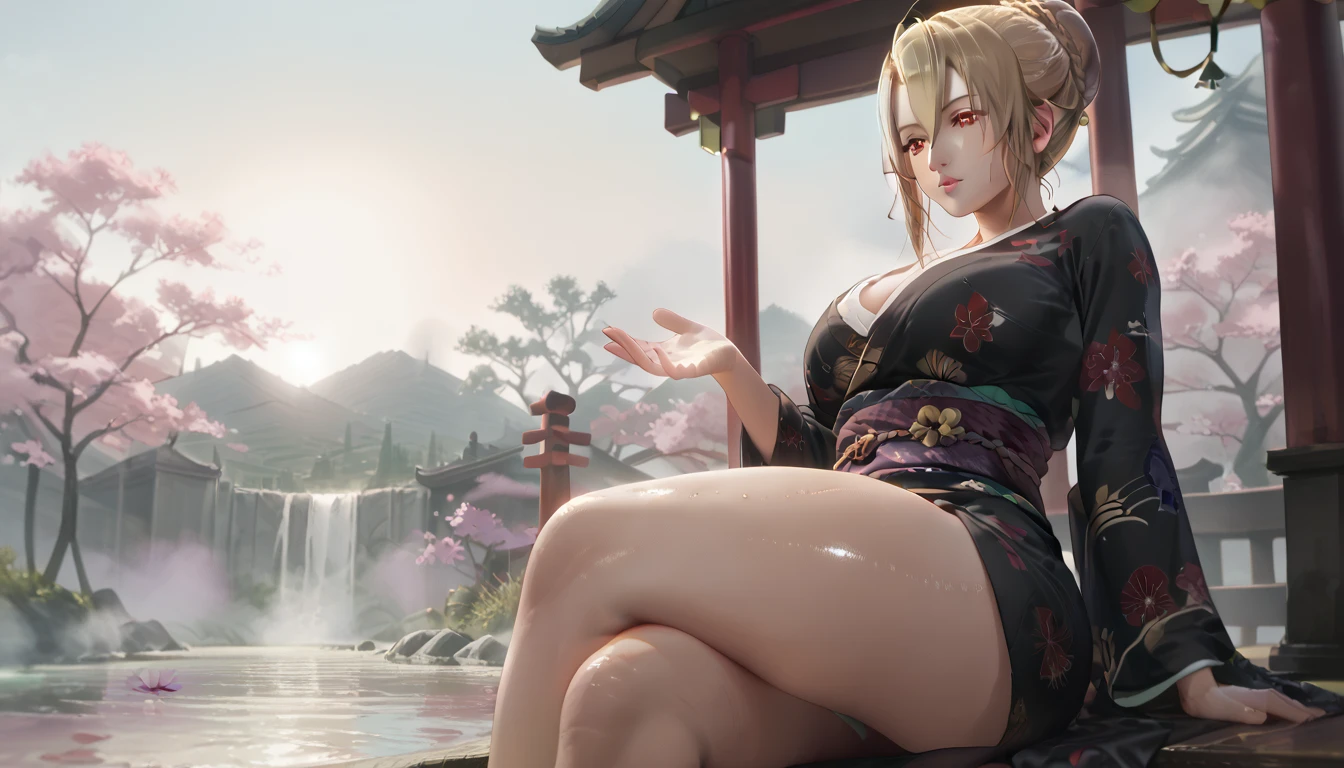 score_9, score_8_up, score_7_up, score_6_up, uncensored, angelica, blonde hair, braid, hair bun, red eyes, BREAK (masterpiece:1.2), best quality, high resolution, (beautiful detailed eyes:1.3), perfect lighting, (perfect hands, perfect anatomy), large breasts, shiny skin, sitting, thighs, outdoors, japanese clothes, sky, barefoot, day, wide sleeves, kimono, water, flower, spotlight, tree, legs, sash, bare legs, obi, crossed legs, nature, black kimono, short kimono, reflective, (fog:1.3), fireflies,