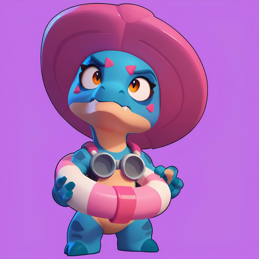 full view of a dinosaur, female, dark blue skin, friendly dinosaur, having a pink and white buoy, dinosaur animal, brawl, brawl stars
