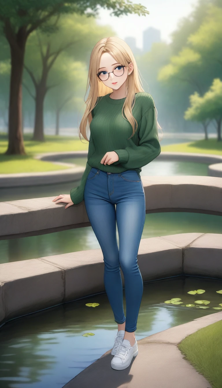 ((best quality, masterpiece:1.3, 8K)), (detailed), highly detailed face and skin texture, detailed eyes, (seductive pose:1.1), park, pond, full body, (slender body:1.1), 1girl, 25 years old, white skin, blue eyes, reading glasses, bright lips, seductive smile, blonde hair, straight hair, long hair, (forehead:1.0), green sweater, jeans pants, skinny jeans, blue jeans, white sneakers,