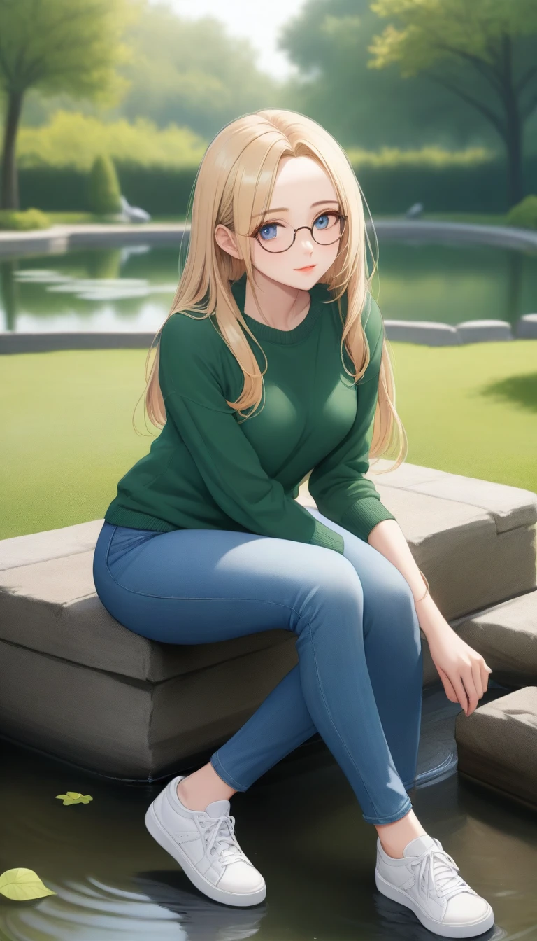 ((best quality, masterpiece:1.3, 8K)), (detailed), highly detailed face and skin texture, detailed eyes, (seductive pose:1.1), park, pond, full body, (slender body:1.1), 1girl, 25 years old, white skin, blue eyes, reading glasses, bright lips, seductive smile, blonde hair, straight hair, long hair, (forehead:1.0), green sweater, jeans pants, skinny jeans, blue jeans, white sneakers,