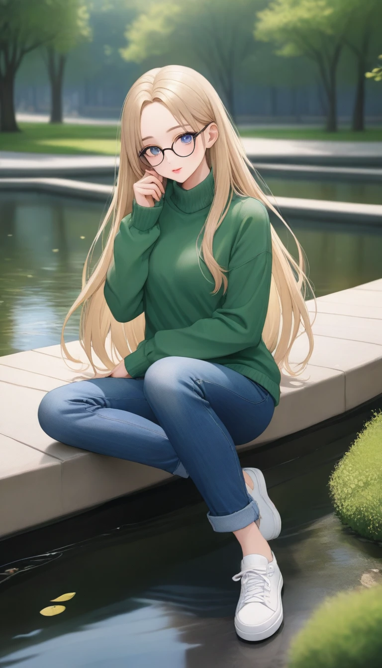 ((best quality, masterpiece:1.3, 8K)), (detailed), highly detailed face and skin texture, detailed eyes, (seductive pose:1.1), park, pond, full body, (slender body:1.1), 1girl, 25 years old, white skin, blue eyes, reading glasses, bright lips, seductive smile, blonde hair, straight hair, long hair, (forehead:1.0), green sweater, jeans pants, skinny jeans, blue jeans, white sneakers,