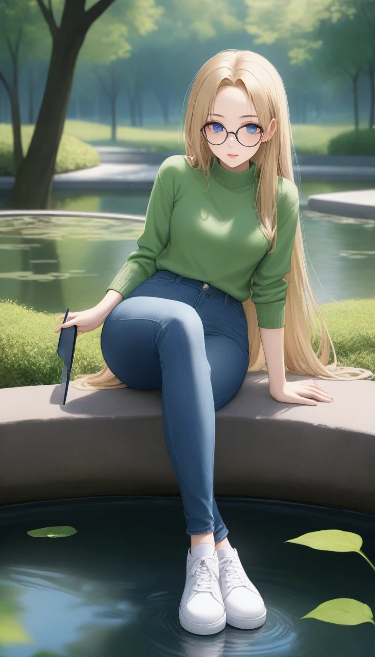 ((best quality, masterpiece:1.3, 8K)), (detailed), highly detailed face and skin texture, detailed eyes, (seductive pose:1.1), park, pond, full body, (slender body:1.1), 1girl, 25 years old, white skin, blue eyes, reading glasses, bright lips, seductive smile, blonde hair, straight hair, long hair, (forehead:1.0), green sweater, jeans pants, skinny jeans, blue jeans, white sneakers,