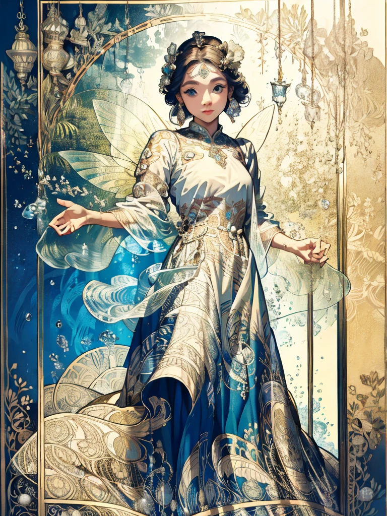 A fairy wearing a dress with a sea pattern, the edge of the water, sparkling, colorful, delicate