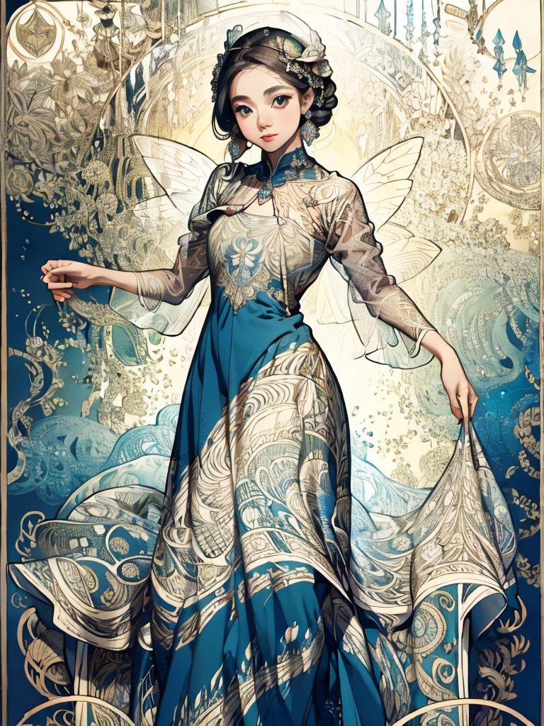 A fairy wearing a dress with a sea pattern, the edge of the water, sparkling, colorful, delicate