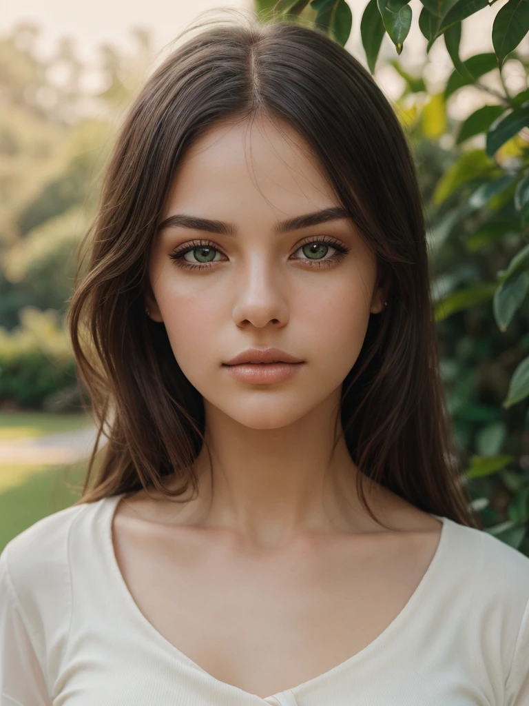a beautiful girl in a white top, detailed facial features, detailed eyes and lips, long eyelashes, elegant pose, natural lighting, soft colors, cinematic composition, intricate details, masterpiece, high resolution, photorealistic, cinematic lighting, warm tones, golden hour, beautiful scenery in background, lush greenery, detailed foliage, peaceful garden setting
