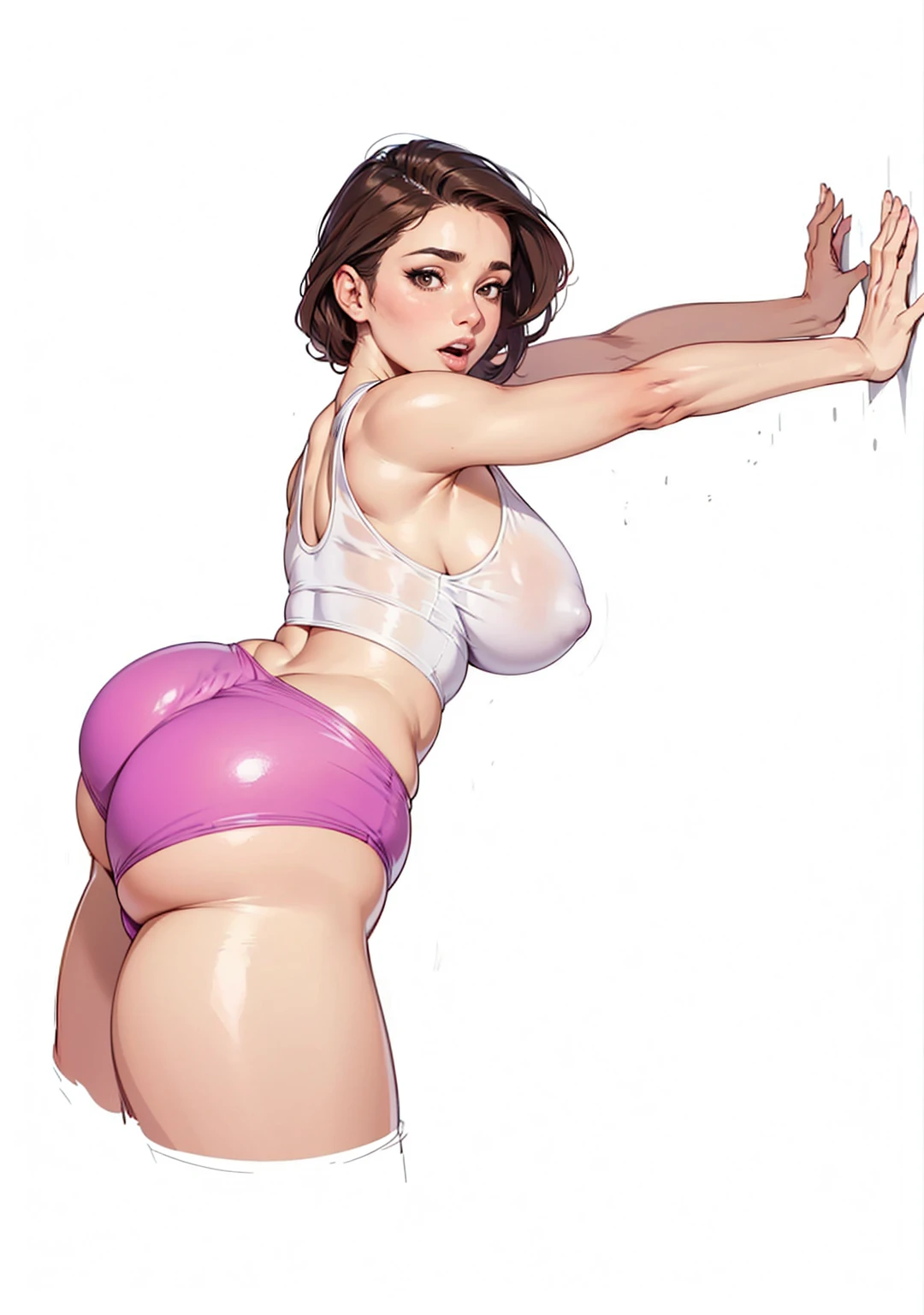 a beautiful woman artwork ultra detailed artwork, woman 32 years old beautiful face whim,very well lit perfect skin beautiful mouth lipstick surprised expression , sexy face,ultra detailed dark brown hair.Natural brightness,very hot perfect body ,very hot huge breasts big breasts ,Breasts huge,Slim waist wide hips,perfect leg ,She wears very tight lycra shorts, drawing curves( big cameltoe pussy buceta volume )white tank top with nipple volume( She has both hands on the wall looking back in surprise