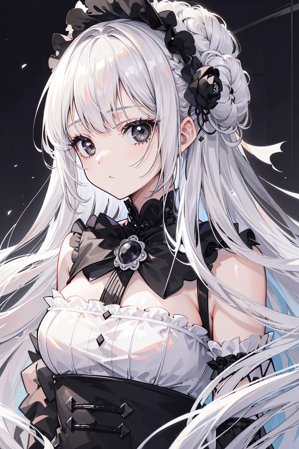 (Top image quality)、(Ultra Detailed)、(Facing forward)、top quality、masterpiece、((((1 girl))))、Silver Hair、white hair、((Long hair))、(black eyes:1.6)、(Lolita)、(Inorganic expression:1.5)