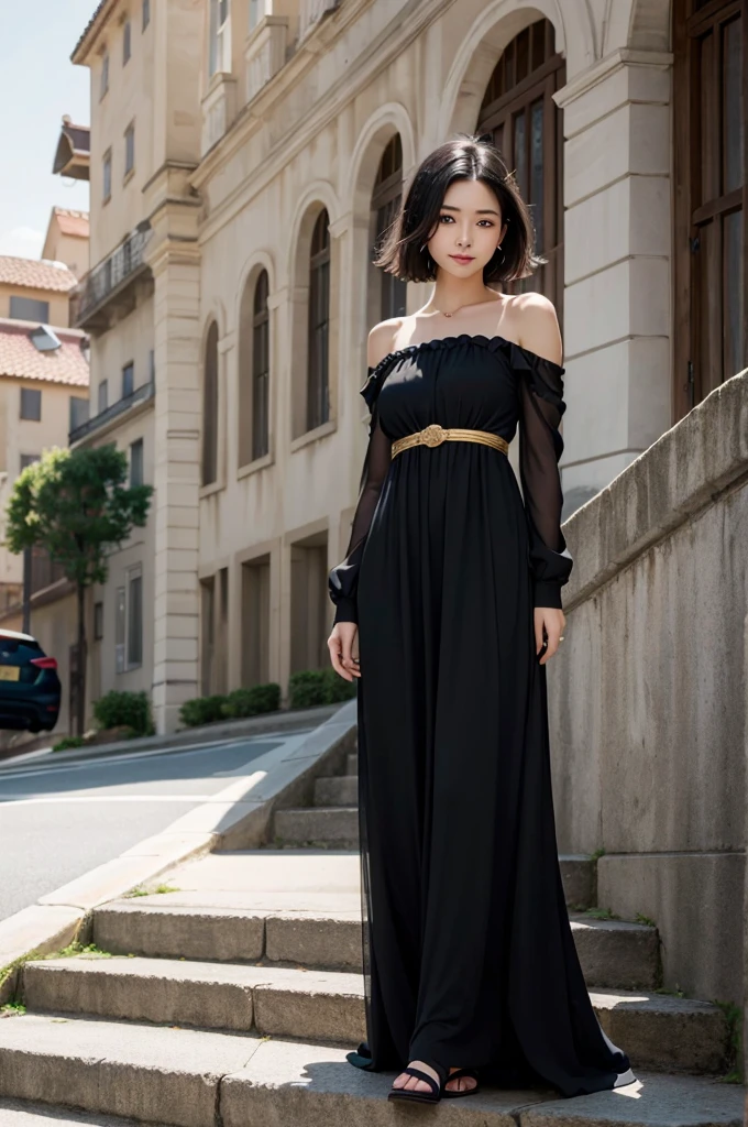 Highest quality、masterpiece、超High resolution、(whole body,Realistic:1.3)、RAW Photos、(One girl,Small breasts), Beautiful Face, (Realistic Face,Detailed facial expressions,smile), (Black Hair、short hair:1.3), Beautiful Hairstyles, Realistic eyes, Beautiful fine details, (Realistic Skin), Beautiful Skin, (Long dress with long sleeves,Stylish trendy fashion), Confused, charm, 超High resolution, Ultra-realistic, High resolution, Golden Ratio、Standing on the stairs,European cityscape,Mr.々Posing,Shooting from below,