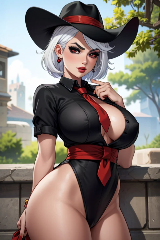 Ashe  \(overwatch\), 1girl, solo, mole above mouth, earrings, red eyes, jewelry, cowboy hat, makeup, lipstick, looking at viewer, necktie, white hair, asymmetrical hair, blurry, food, red necktie, stud earrings, mole, blurry background, red lips, nose, day, shirt, upper body, lips, mouth hold, eyeshadow, depth of field, short hair, outdoors, mascara, medium hair, big breasts, fat breasts, thick thighs 
