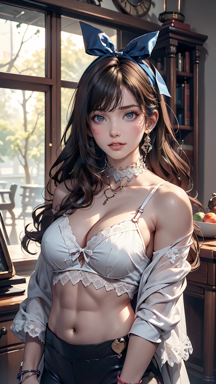 (8K, RAW Photos, Highest quality, masterpiece:1.2), (Realistic, photo-Realistic:1.37)、Earrings, eyelash, pantyhose、セクシーな的なsmile、 (Shiny skin:1.05)、Fashion model body type、Having her hair done、 chest is popping out、Wear accessories on your wrist、Wearing accessories on the ankle、Background blur((depth of field)、smile、Brown Hair、Iris、Wear a lace-embellished off-the-shoulder top、Lower milk visible、I can see my belly button、Wear low rise leggings、Wear mules、smile、hair band((hair ribbon))、Wear a lace choker、Twin tails