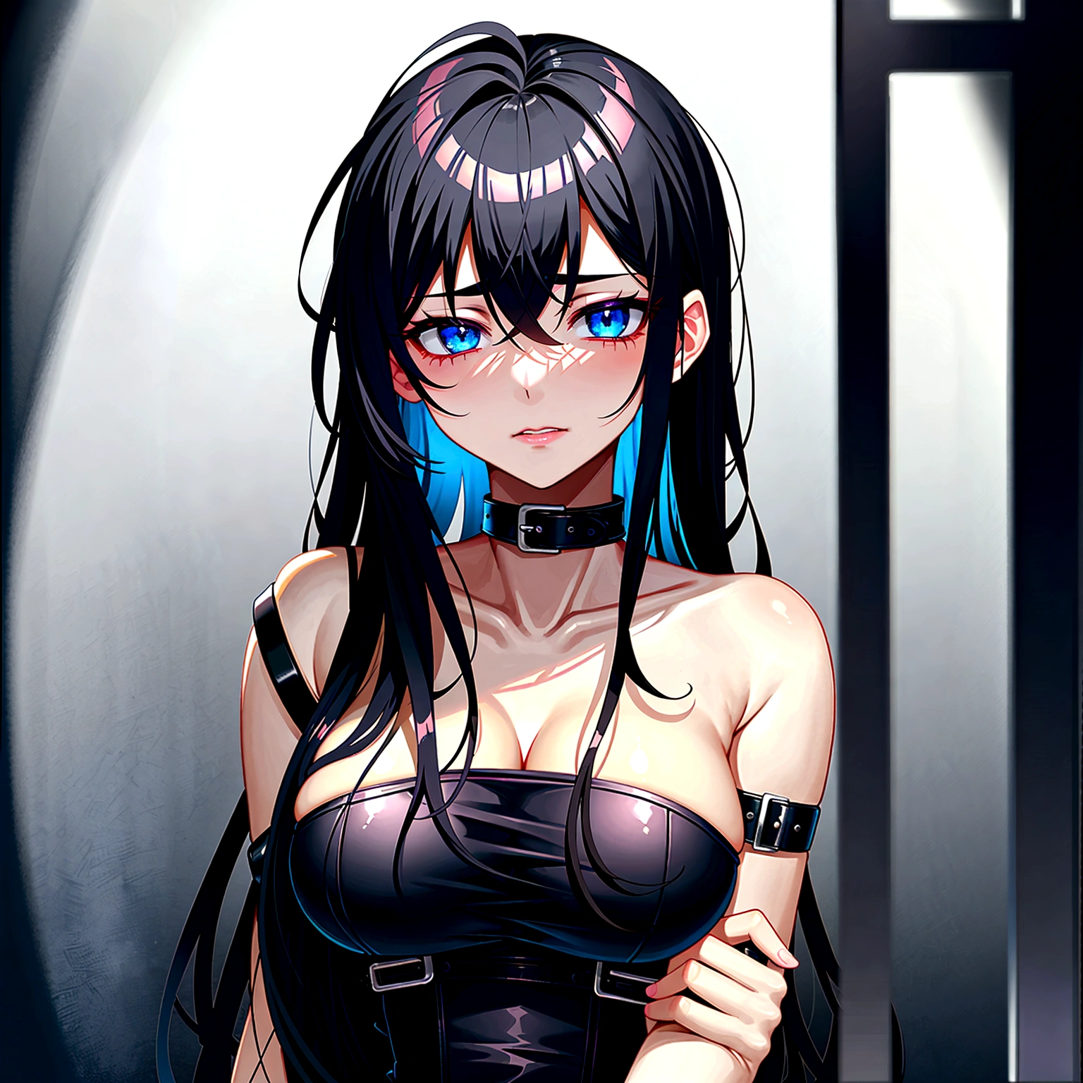 , black hair, blue eyes, sex slave, cry, sad, chained, scared, white underwear, vibrator, masturbation