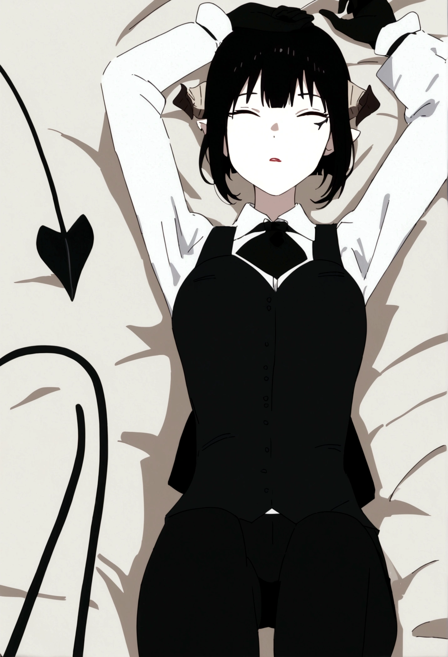 work of art, best qualityer, high resolution, 1girl horns short hair demon tail, white shirt black ascot black gloves black pants black vest lying on your back, sheet, arms up