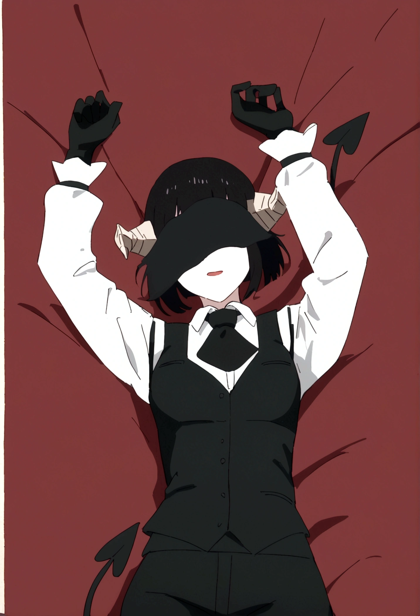 work of art, best qualityer, high resolution, 1girl horns short hair demon tail, white shirt black ascot black gloves black pants black vest lying on your back, sheet, arms up