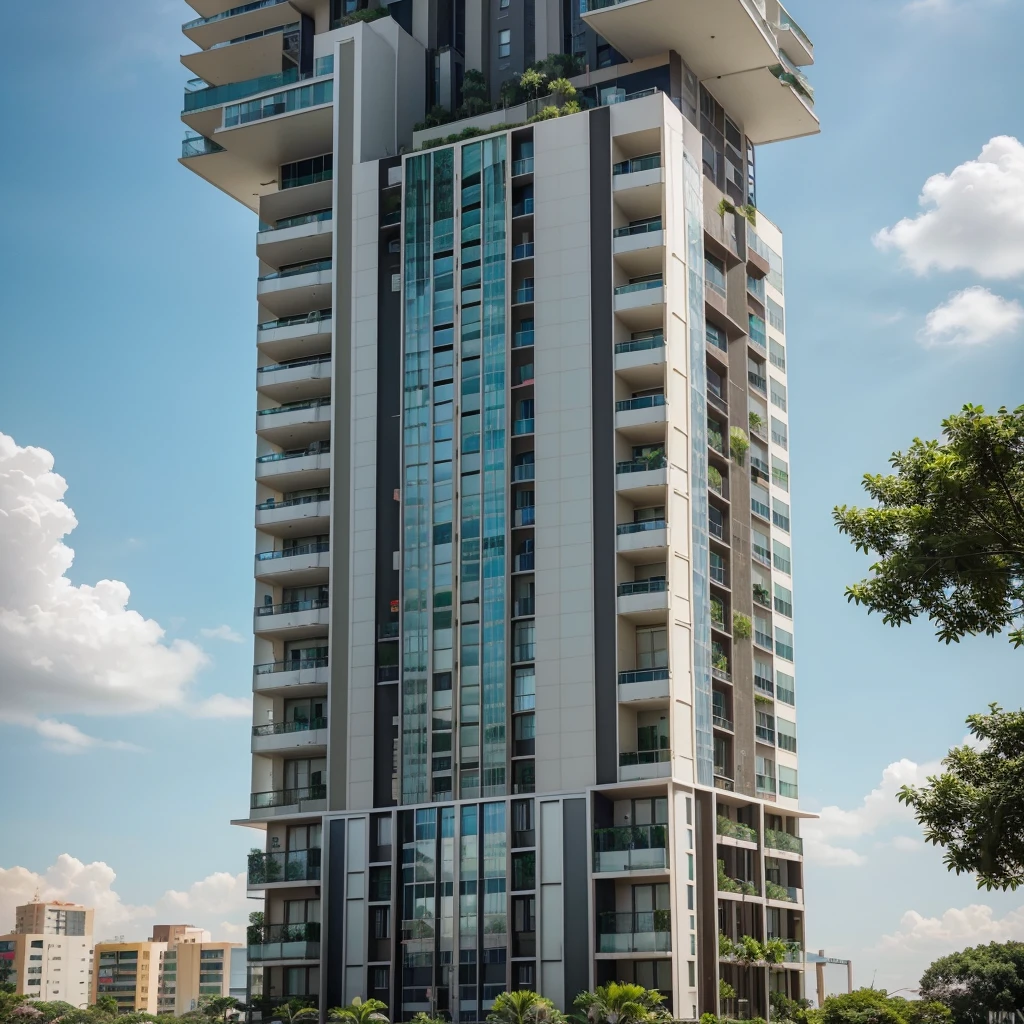 Create a realistic 4K image of a modern condominium in Brasília with solar panels on the roof. The building should be a tall vertical structure surrounded by lush green areas. The image should be in Instagram post format (1:1 aspect ratio). The visual style should be professional and attractive, with colors evoking sustainability and technology.
