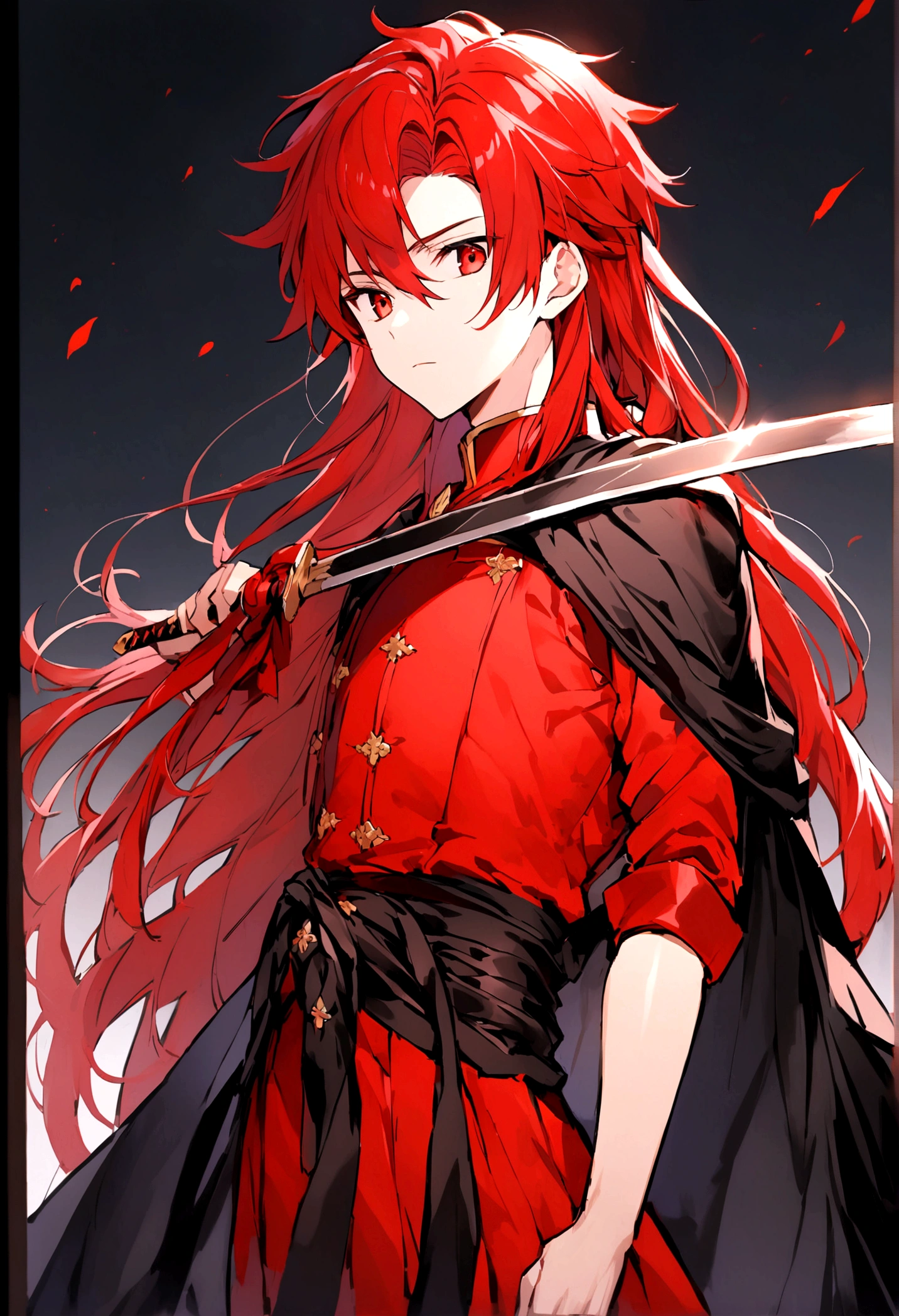 Beautiful young man with red hair, 17 years old, Red eyes, Shiny long hair that reaches down to the waist,It is tied in a knot at the back..He wears a red uniform and a black cape..Holding a sword.