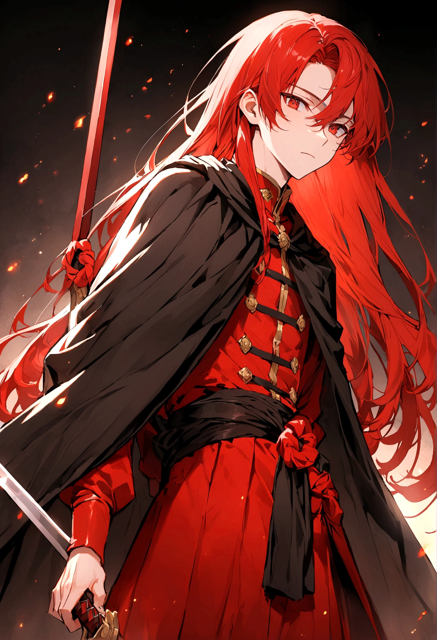 Beautiful young man with red hair, , Red eyes, Shiny long hair that reaches down to the waist,It is tied in a knot at the back..He wears a red uniform and a black cape..Holding a sword.