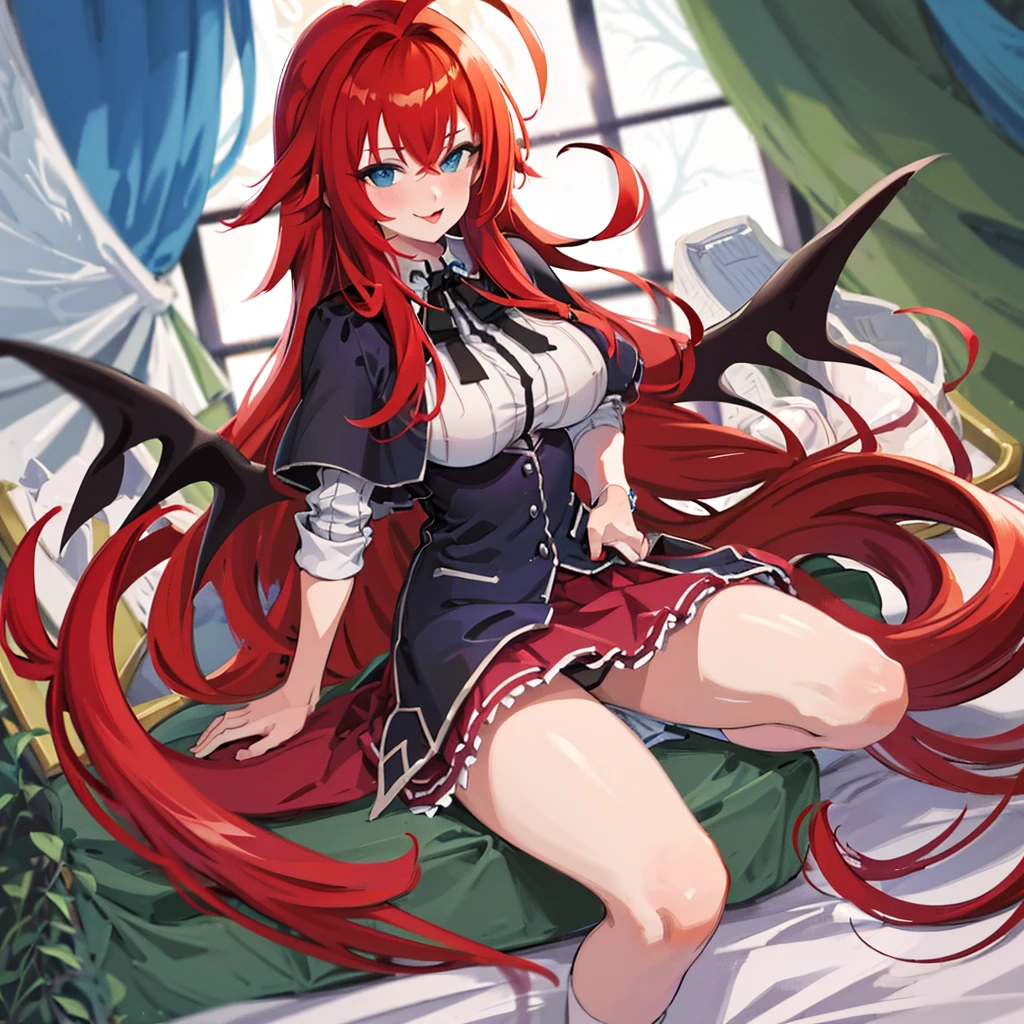 masterpiece, best quality, highres, best quality, highres, rias gremory, 1girl, long hair, , red hair, ahoge, blue eyes, large breasts, very long hair, breasts, skirt, huge ahoge, socks, spread legs, panties, smile, tongue out,on bed