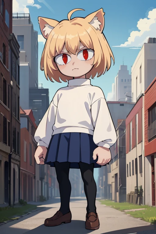 (masterpiece, best quality:1.2), necoarc, slit pupils, cat ears, blonde hair, red eyes, chibi, 1boy, solo, white turtleneck, blue skirt, pleated skirt, brown footwear, pantyhose, outdoors, looking at viewer,