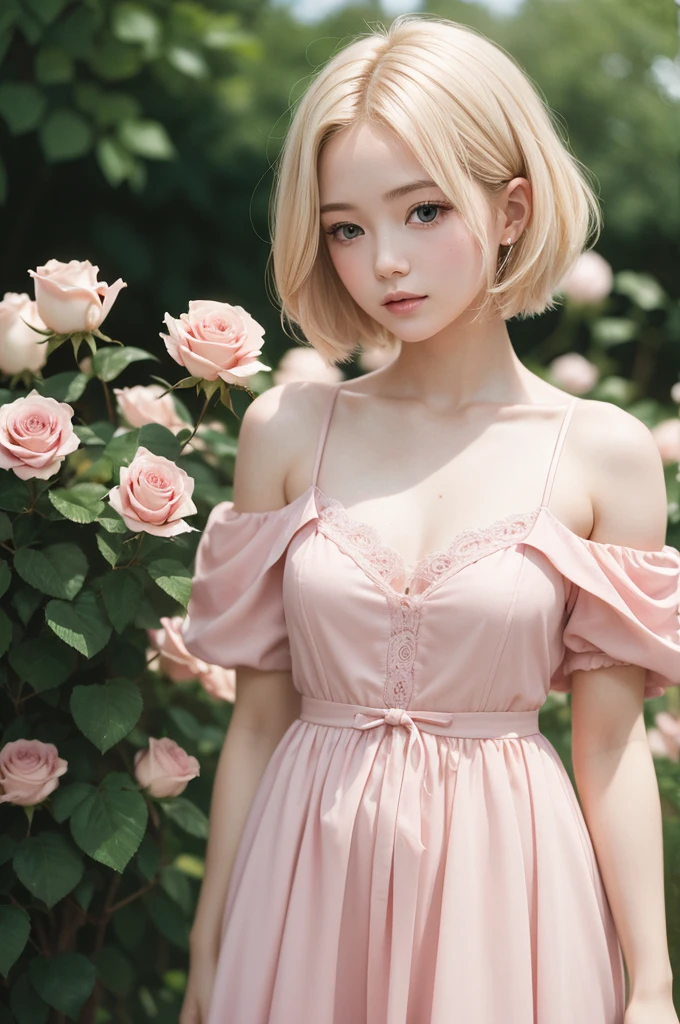 8K, CRU photo, Fujifilm, style photo of a beautiful young woman like Avril in a light pink rose garden (highly detailed skin: 1.2) Style-Petal BREAK short hair, blonde hair with colored highlights, wearing a dress, film grain, 35mm, cute style