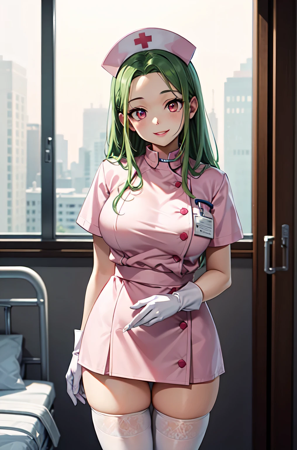 1woman, solo, nurse, white nurse cap, white nurse uniform, ((white legwear, zettai ryouiki)), white gloves, forehead, long hair, green hair, pink eyes, pink lips, smile, standing, ((hospital room)), sharp outline, short sleeves, mature female, 35 years old, best quality, masterpiece
