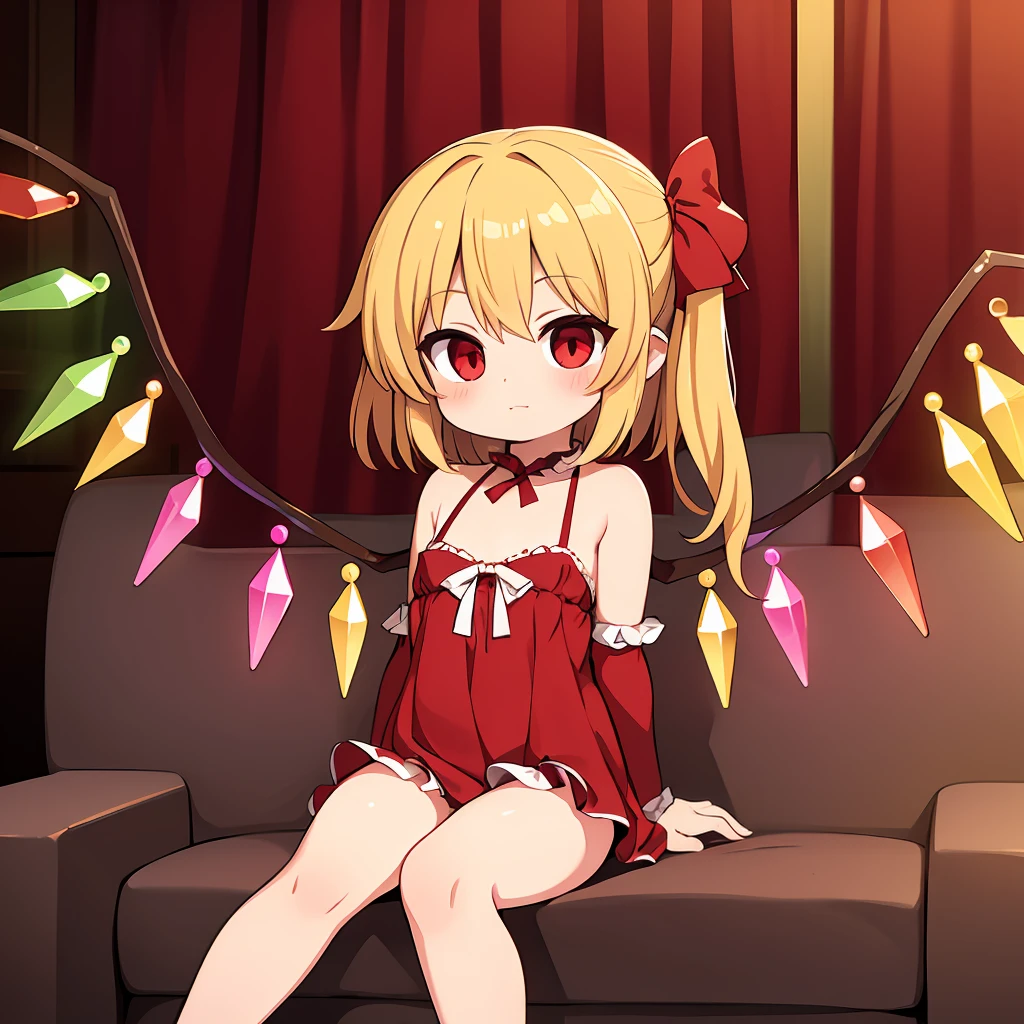 ((Highest quality)), ((masterpiece)), (detailed),Flandre Scarlet blackThong 1 person Sitting with legs apart cute face