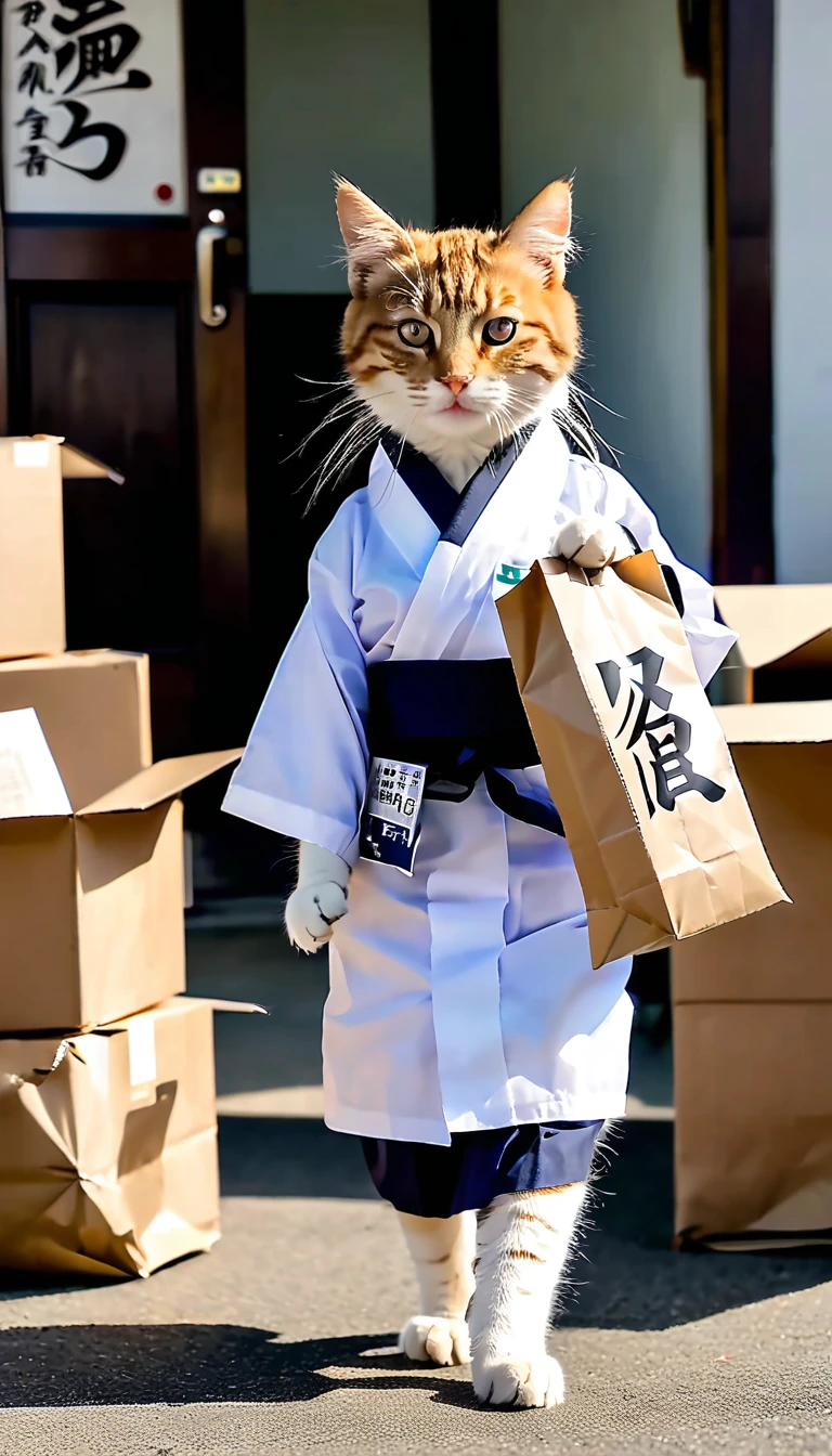A cat wearing work clothes from the delivery company Kuroneko Yamato is delivering a package.。