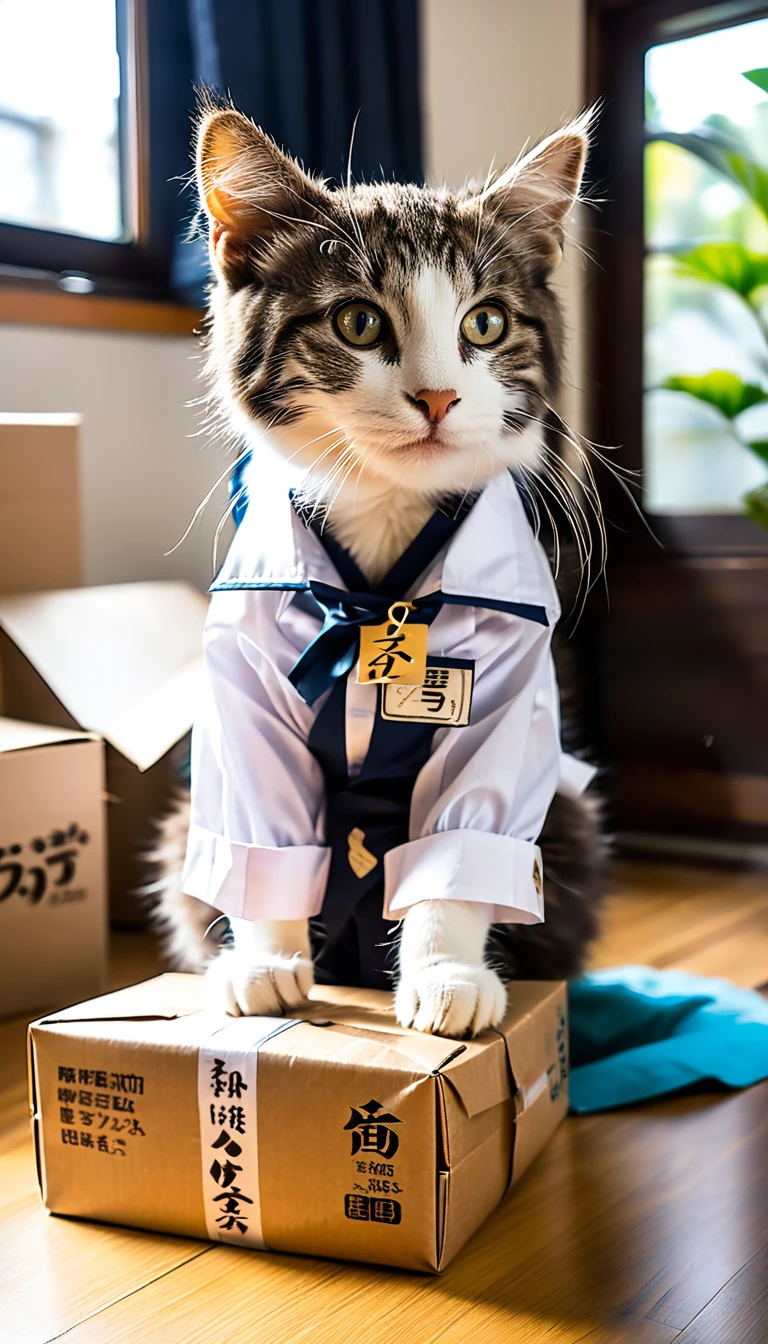 A cat wearing work clothes from the delivery company Kuroneko Yamato is delivering a package.。