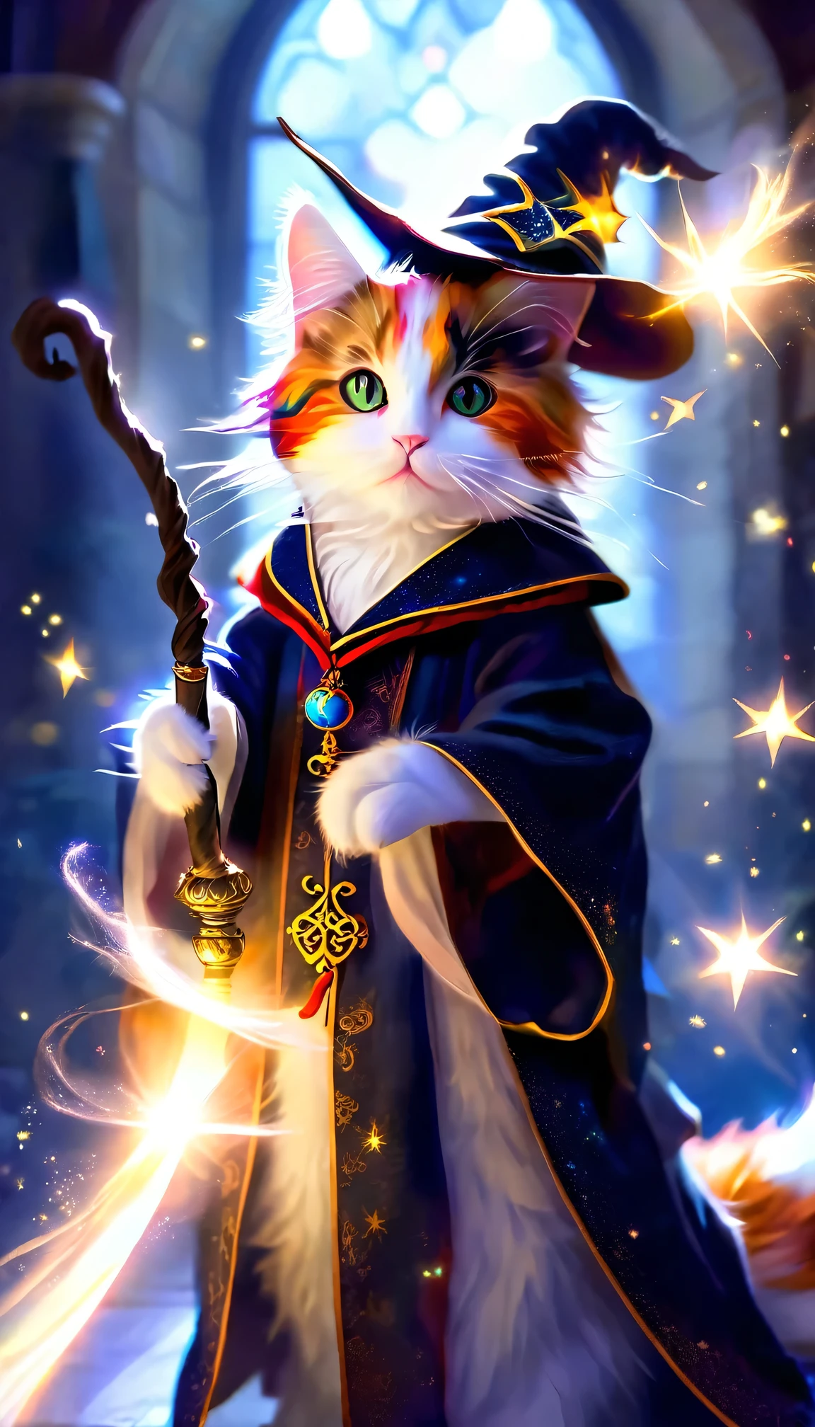 Calico cat dressed as a wizard. A magical light is coming out from the tip of the wand he is holding.。