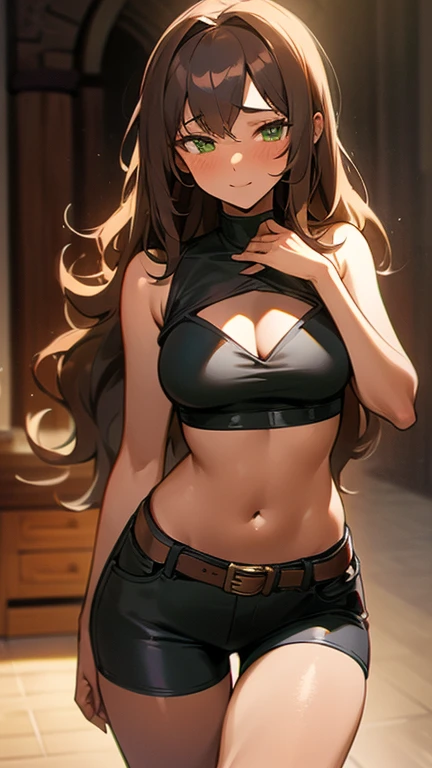 17 year old girl, young looking, Skinny body, Wide hips, meaty buttocks, fleshy breasts, long legs, long wavy brown hair, fringe, green eyes, BROWN SKIN, dark skin with pink touches, beautiful, something sexy, beautiful, provocative , poor style female medieval clothing, black top, black shorts with leather belt, medieval decorations to give it a touch of the middle ages