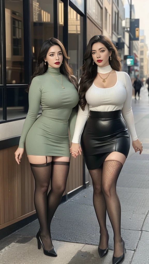 Twin sisters holding hands on the street， Light green clothes (No cleavage),thigh, cosmetic, (lipstick: 1.1), (Eyeliner: 1.2), mascara, Eyeshadow,Outdoor sports, earrings, necklace, Black tights, Wrinkles at the corners of the eyes, Oral wrinkles,High Neck Knit Bodycon Skirt，full-body shot，An Asian Japanese woman，65 years old，big eyes，elegant temperament elegant temperament，(masterpiece:1.2, best quality), actual, (The real situation,45 years old， Intricate details, Depth of Field，High neck clothes), careful, The content is very detailed, This is a perfect face, Perfect body, Large Model, Mature woman, High，Black silk garter belt，8K,best quality, masterpiece, Ultra-high resolution,(lifelike:1.4), original photo, Stay focused, detailed, Dramatic, Exquisite beautiful woman, (tall and straight:1.1),(Fat goddess desetallic high collar dress,High collar fitted skirt),half butterfly earrings, double ring necklace, (:1.05), (65 years old, : 1.4),Long curly hair, Dynamic angle, (red lips)Beautiful graphics, Black reflective leather pants and fishnet stockings，High heel