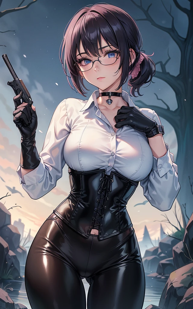 Masterpiece, Beautiful art, professional artist, 8k, art style by sciamano240, Very detailed face, Detailed clothing, detailed fabric, 1 girl, perfectly drawn body, fighting pose, beautiful face, Short ponytail hair, blue eyes, very detailed eyes, pink cheeks, shy expression, glasses, choker:1.6, (long sleeve white collar buttoned shirt), black gloves, gloves covering hands, (holding an antique 15th century pistol in his right hand), (black leather corset), (shiny black leggings), sensual lips , evening de invierno, show details in the eyes, view from front, looking at the viewer, dark path, dark forest, evening, Atmosphere, fog