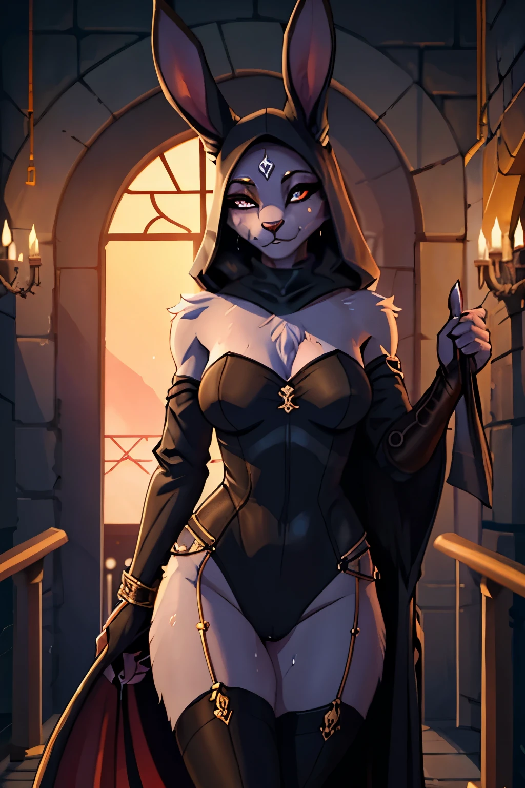8k, 4K, détaillé, haute qualité, velu, femelle, mature femelle, Furry Bunny, Visière longue, visière bleue, Queue duveteuse, corps sexy, assassin sexy, body rose intime, sweat à capuche noir/ solo