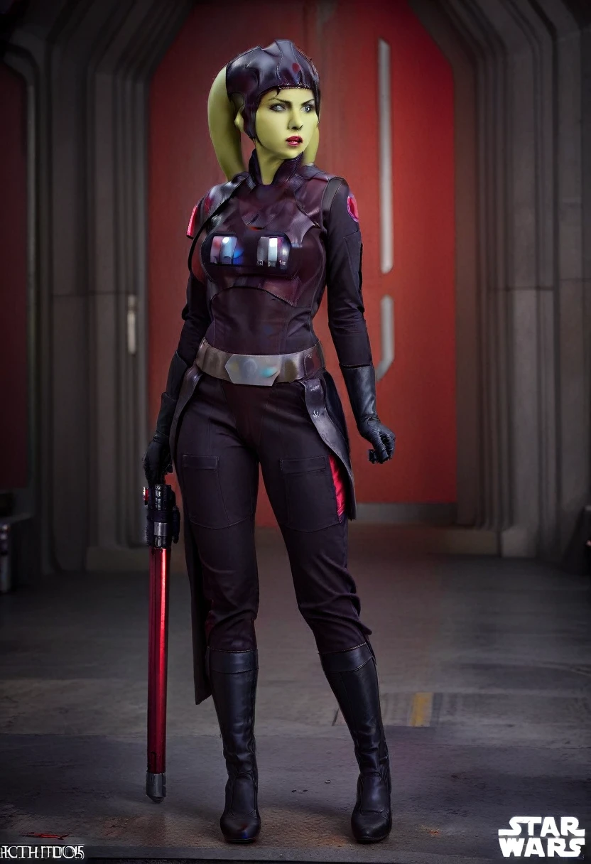 score_9, score_8_up, score_7_up, score_6_up, 2d, rating_questionable, rating_safe, BREAK ((green skin)) Female Twi'lek (((hera syndulla ))), helmet with red visor, star wars, armor,black gloves,tight bodysuit,black cape,black pants, close up, solo, standing, front view, medium breasts, wide hips, holding lightsaber, double edged, action pose, red blade, indoors, sith base, science fiction,
