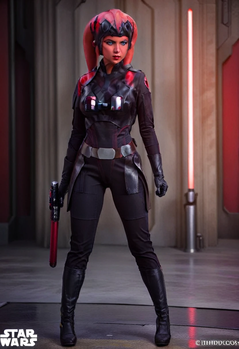 score_9, score_8_up, score_7_up, score_6_up, 2d, rating_questionable, rating_safe, BREAK ((green skin)) Female Twi'lek (((hera syndulla ))), helmet with red visor, star wars, armor,black gloves,tight bodysuit,black cape,black pants, close up, solo, standing, front view, medium breasts, wide hips, holding lightsaber, double edged, action pose, red blade, indoors, sith base, science fiction,
