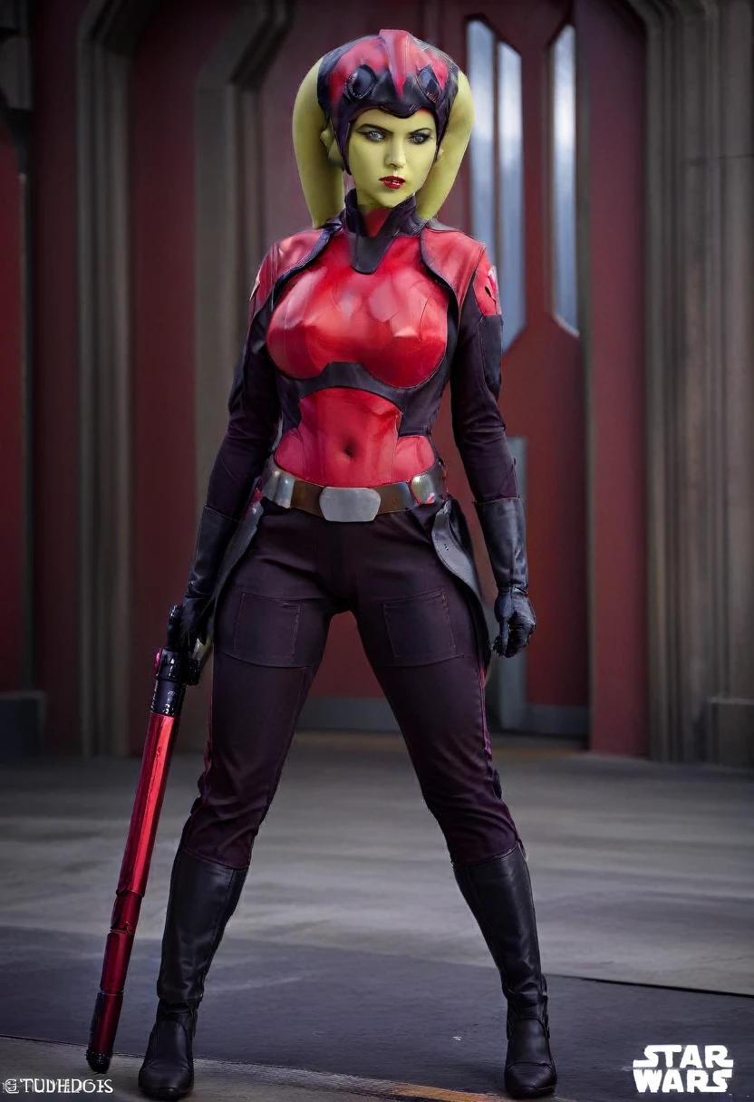 score_9, score_8_up, score_7_up, score_6_up, 2d, rating_questionable, rating_safe, BREAK ((green skin)) Female Twi'lek (((hera syndulla ))), helmet with red visor, star wars, armor,black gloves,tight bodysuit,black cape,black pants, close up, solo, standing, front view, medium breasts, wide hips, holding lightsaber, double edged, action pose, red blade, indoors, sith base, science fiction,
