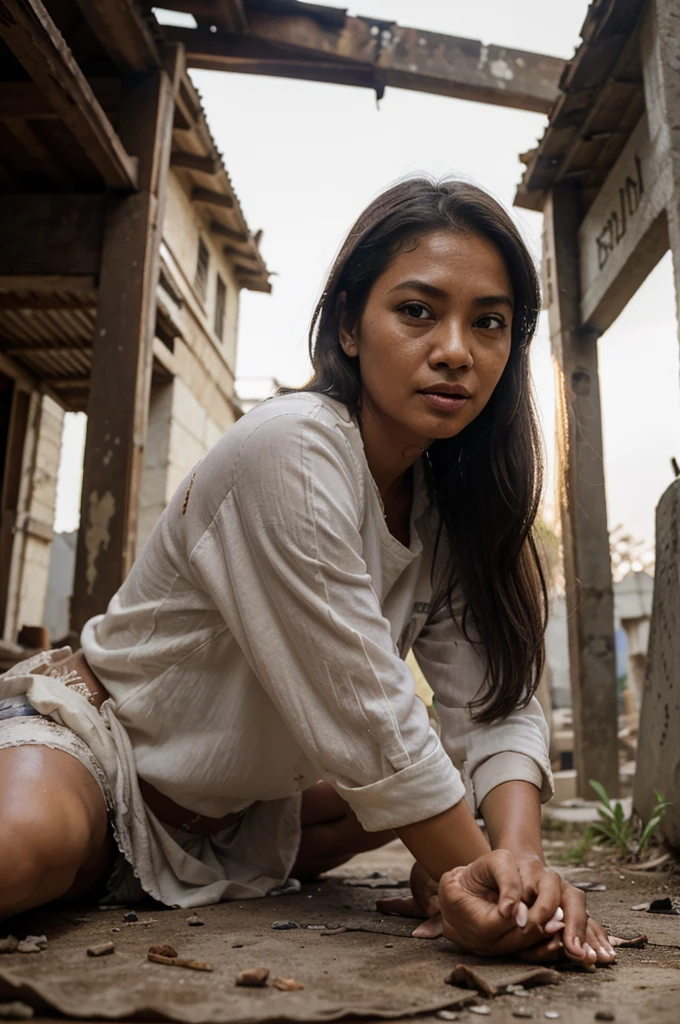 Realistic, native Indonesian woman 45yo, dirty long white shirt, the woman looks like she is wearing a mukena, his eyes were red, tongue sticking out, face using white powder without streaks, was standing at the cemetery, dark, background of old damaged building, shabby and dirty, , 256k uhd, detailed, Top lighting, shot from below, The cameraman was lying on the floor taking pictures, Oil Painting, smudge, soft