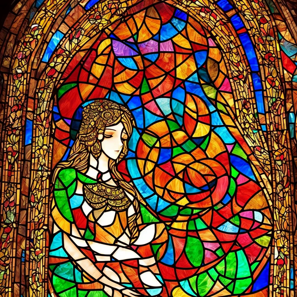 (masterpiece, top quality, best quality,official art, beautiful and aesthetic:1.2),(1girl:1.3), 1girl BREAK stained glass art, colored glass, lead lines, light transmission BREAK vibrant colors, intricate designs, luminous effects, spiritual ambiance