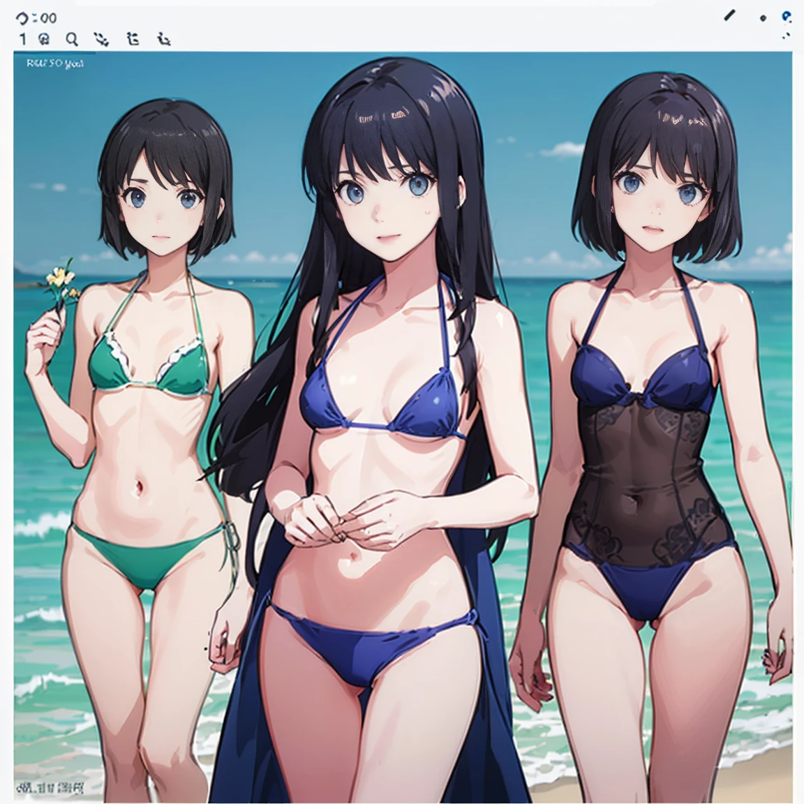 Confused, High resolution, Very detailedな, (((Three girls of the same height:1.3))),((７Head to Body:1.3))、 (((Midday Blue Background)))、(Happy expression, Laughter:1.2)、(((Beautiful and detailed eyes))), (((Very detailed))), (((Details face))), break , Scrapbooking, Memory Storage, Creative layouts, Mixed Media Collage, Personal Storytelling, Artistic documentation, keepsake albums break , Whirlpool, Angular shape, Dynamic Movement, Bold geometry, Fragmented Shape, Striking contrast, modernist influence break ,sunny,reflection, ,((bikini:1.2)),((Very delicate body))、((Very flat chest))、((Small waist))、((thigh gap:1.2))、(((Small face:1.2)))、Friendly atmosphere, comfortable