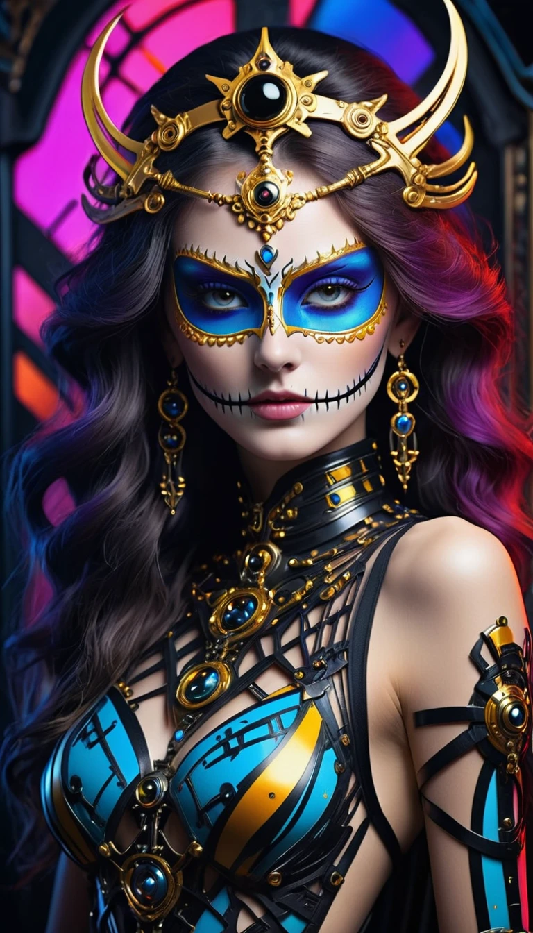 ( High quality , Ultra-detail, carefully with your hand )tarot card, chiaroscuro technique on sensual illustration of an queen of sword, a age fashion model wearing an exo-skeleton mask, vibrant colors, futuristic cyberpunk style, intricate details, cinematic lighting, dramatic pose, an elegant complex bio mechanical onyx and gold, intricate details, official art, unity 8k wallpaper, ultra detailed, beautiful and aesthetic, beautiful, masterpiece, best quality, the most beautiful form of chaos, elegant, a brutalist designed, vivid colours, romanticism, atmospheric