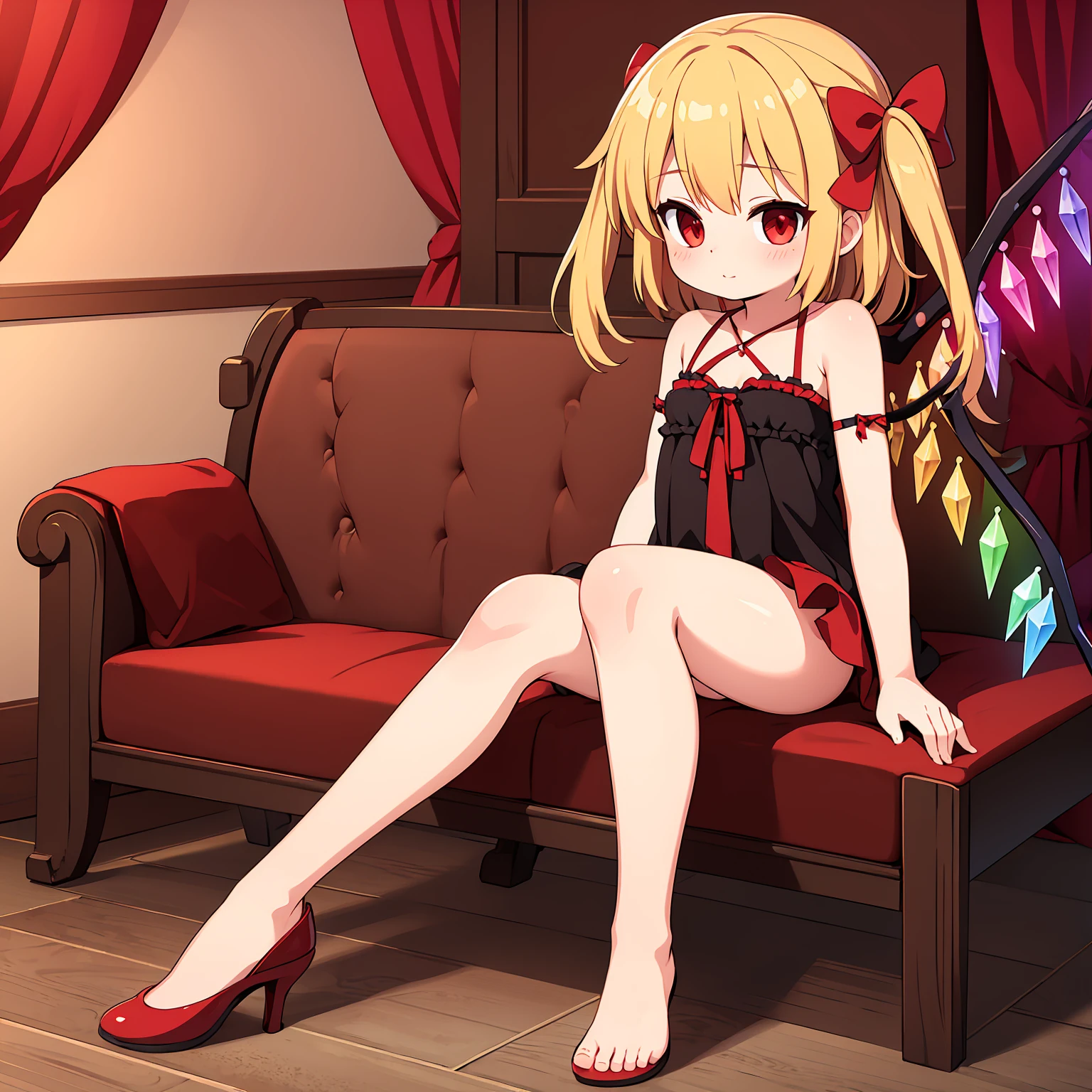 ((Highest quality)), ((masterpiece)), (detailed),Flandre Scarlet  blackThong 1 person Sitting with legs apart cute face