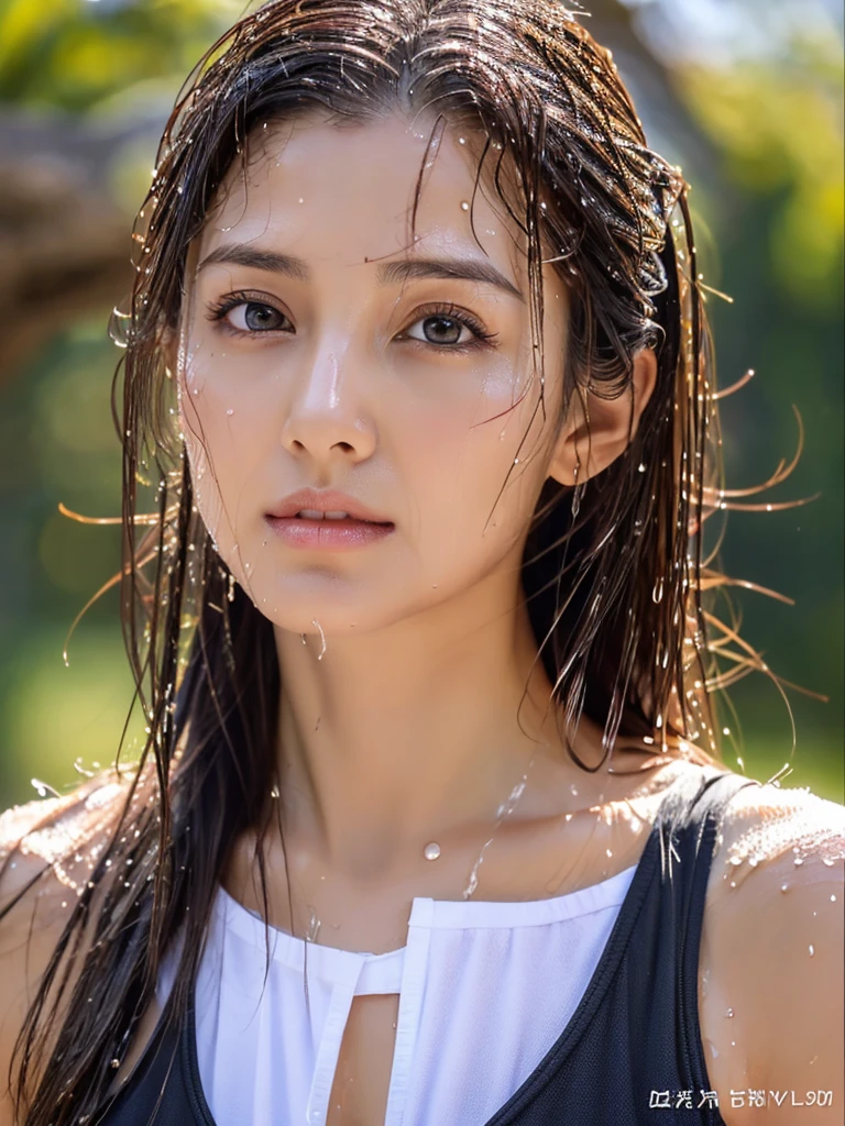 "best quality, 4K, Masterpiece :1.3), beautiful woman, single woman, (chest, attractive body :1.2), Abdominal muscles :1.1, dark brown hair: 1.1, (Wet with sweat, wet from sweat, wet body :1.2), The face is very detailed., fine lips, Fine eyes, Double eyelids, outdoor, run"