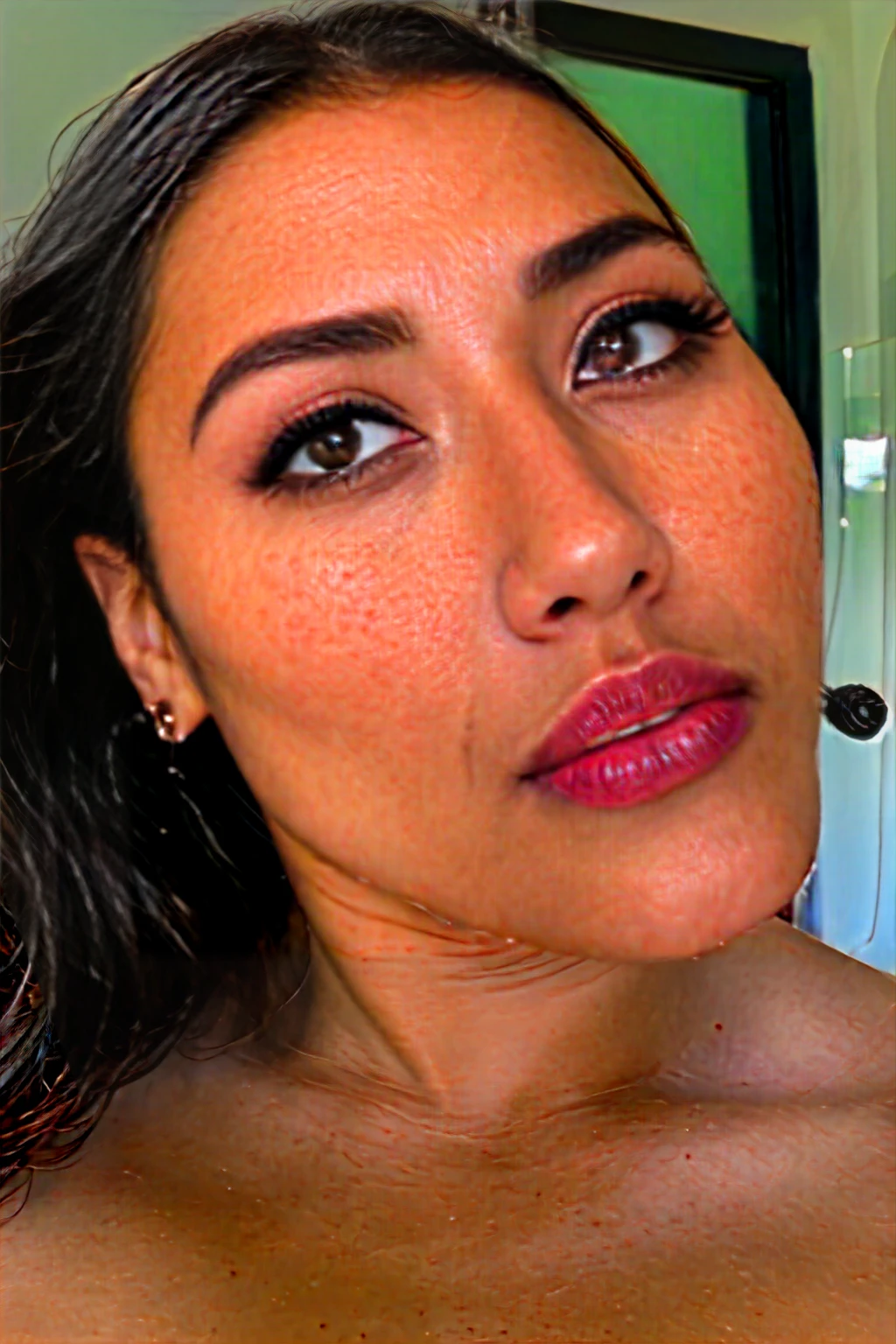A young 19-year-old woman named Lila Nakamura with a mixed Japanese and Northern European heritage. She has thick dark black eyeliner, glossy lips, and a cute, endearing expression. She has straight, black hair with blonde highlights or a blonde tint that falls just past her shoulders, styled in a neat and polished manner. Her eyes are almond-shaped with a light, striking blue color, accentuated by subtle eyeshadow and mascara. Her skin has a light tone with a natural, fresh look, and she has a few delicate freckles across her nose. Nude, in the bedroom
