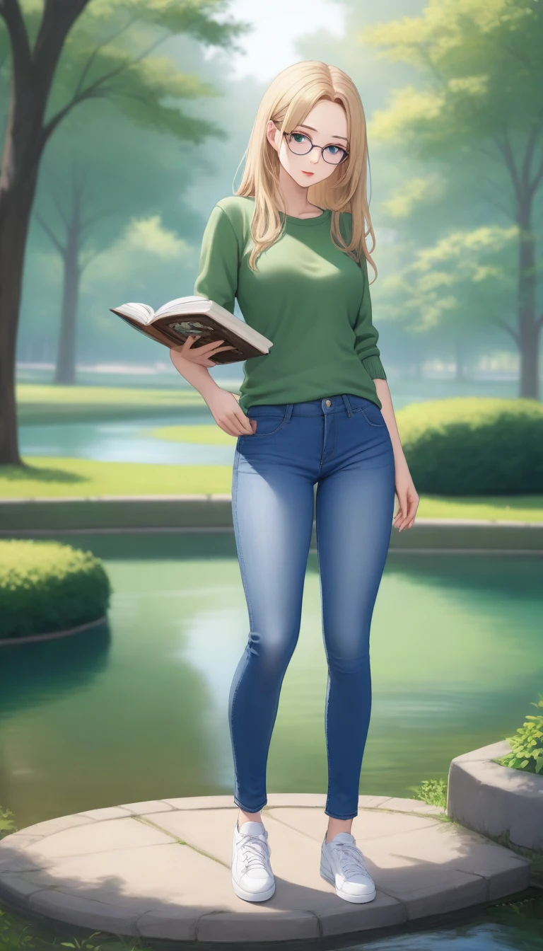 ((best quality, masterpiece:1.3, 8K)), (detailed), highly detailed face and skin texture, detailed eyes, standing, (seductive pose:1.1), park, pond, full body, (slender body:1.1), 1girl, 25 years old, white skin, blue eyes, reading glasses, bright lips, seductive smile, blonde hair, straight hair, long hair, (forehead:1.0), green sweater, jeans pants, skinny jeans, blue jeans, white sneakers,