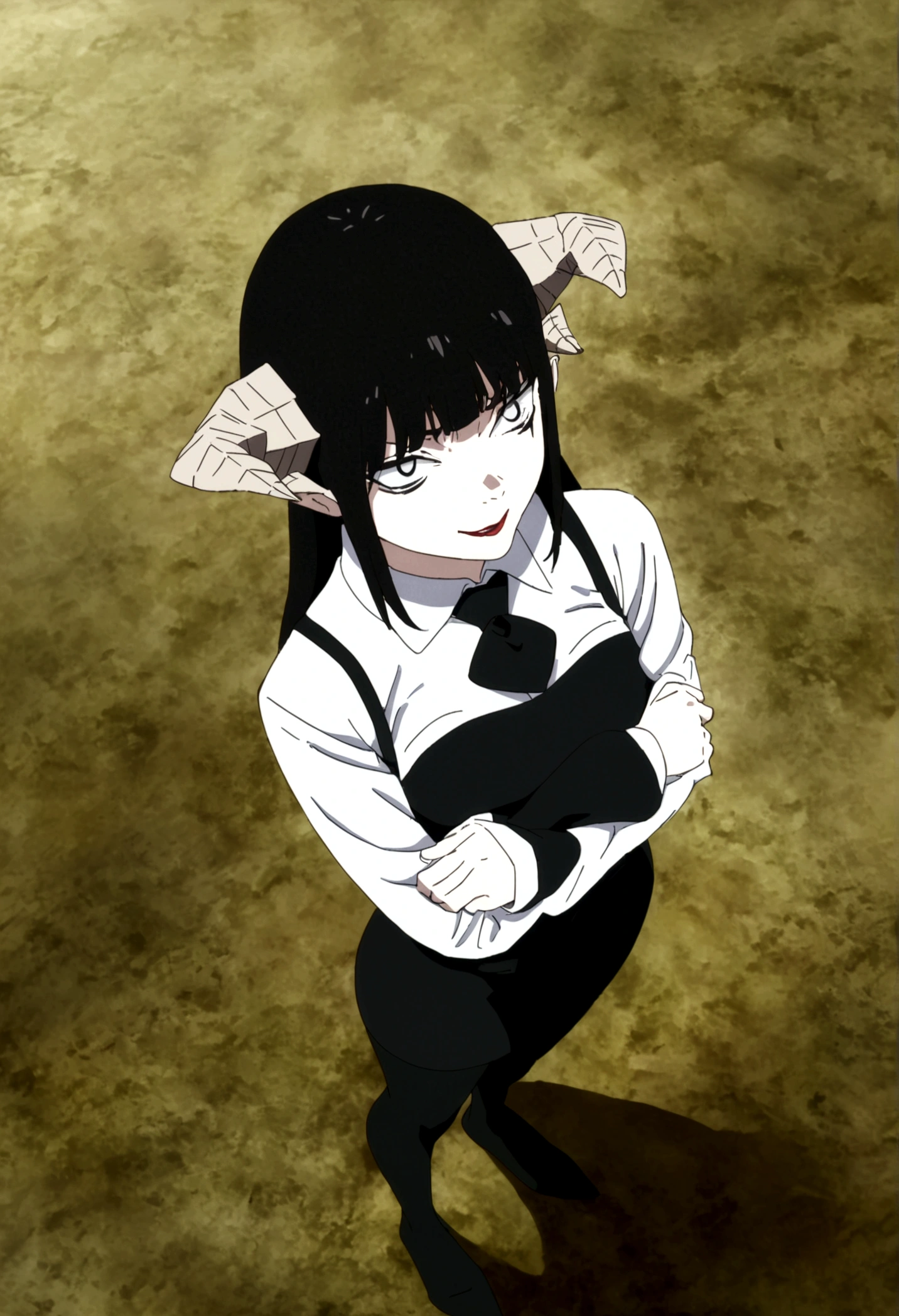 , artwork, tight white secretary shirt with black tie, black high-waist skirt, skirt short,sock, Bblack hair, blackstockings,evil smile,,bangs on the eyes,lighting,horn of hair,from above view,staring overhead,crossed arms
