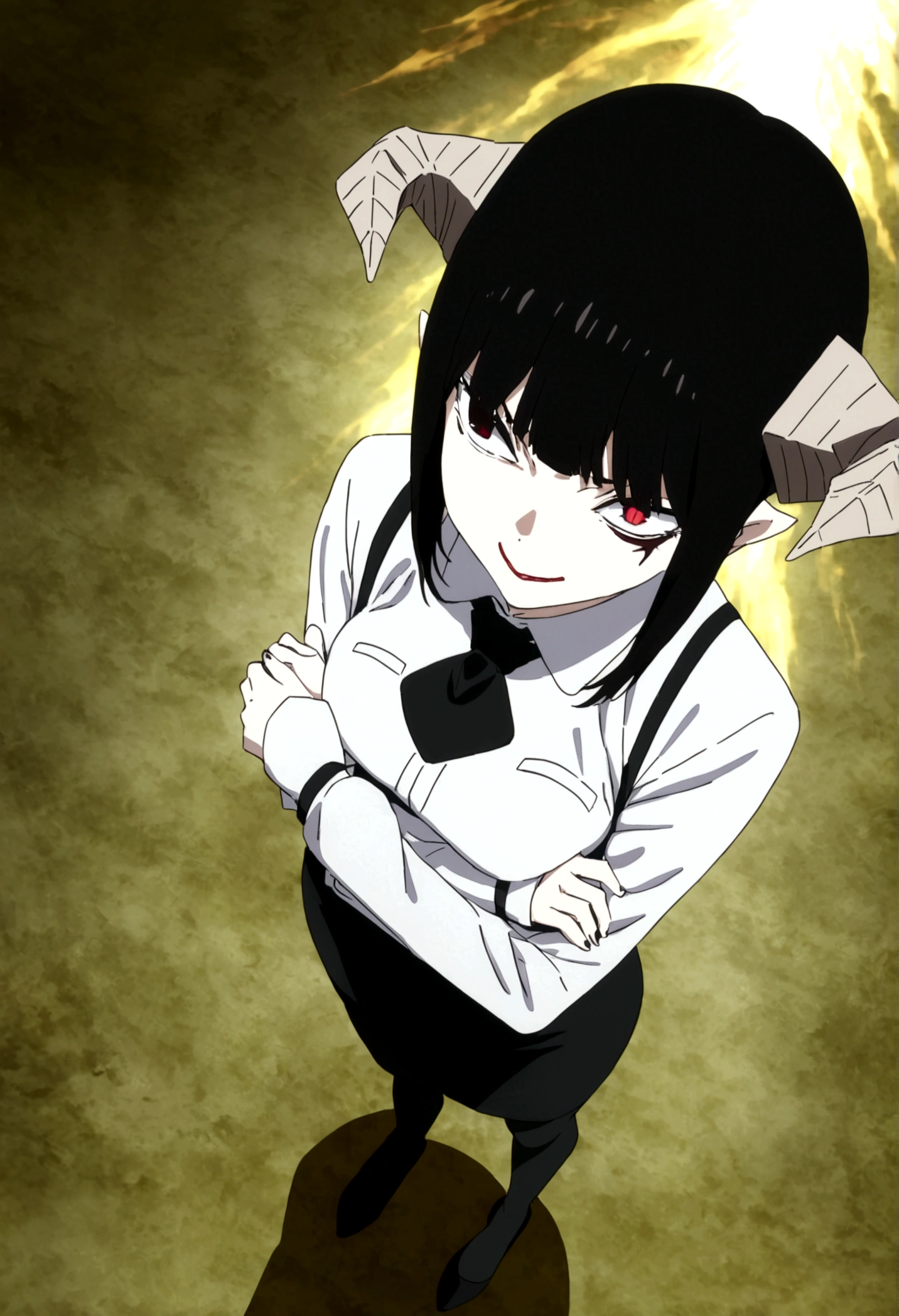 , artwork, tight white secretary shirt with black tie, black high-waist skirt, skirt short,sock, Bblack hair, blackstockings,evil smile,,bangs on the eyes,lighting,horn of hair,from above view,staring overhead,crossed arms
